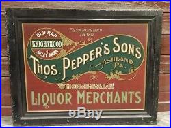 Vintage 1900s Pepper's Sons Liquor Whiskey Self Framed Tin Sign Ashland PA Beer