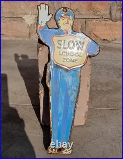 Vintage 1930's Old Antique Rare Slow School Zone Adv Porcelain Enamel Sign Board
