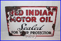 Vintage 1930's Red Indian Motor Oil Gas Station 2 Side 21 Porcelain Metal Sign