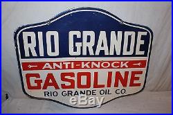 Vintage 1930's Rio Grande Anti-Knock Gasoline 2 Sided 30 Porcelain Metal Sign