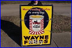 Vintage 1930's Wayne Feeds Cow Pig Chicken Farm Gas Oil 48 Porcelain Metal Sign