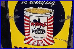 Vintage 1930's Wayne Feeds Cow Pig Chicken Farm Gas Oil 48 Porcelain Metal Sign
