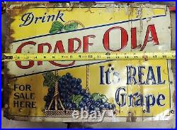 Vintage 1930s Original GRAPE OLA SODA Embossed Tin Tacker Metal Advertising Sign