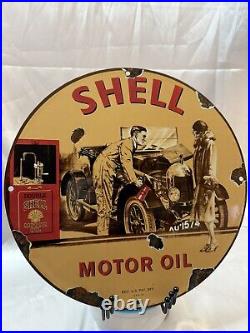 Vintage 1939 Shell Motor Oil Porcelain Metal Gas Pump Sign Gasoline