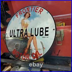Vintage 1940 Frontier Ultra Lube Motor Oil Lubricants Porcelain Gas & Oil Sign