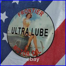 Vintage 1940 Frontier Ultra Lube Motor Oil Lubricants Porcelain Gas & Oil Sign