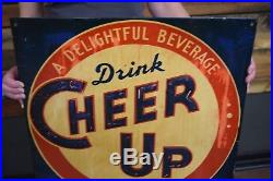 Vintage 1940's Cheer Up Soda Pop Gas Station Embossed Metal Sign Scarce Advert