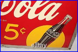 Vintage 1940's Coca Cola 5c Soda Pop Bottle Gas Station 28 Metal Sign