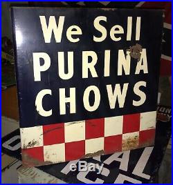 Vintage 1940s Purina Chows 2 Sided Flange Advertising Sign Farm animal feed OLD