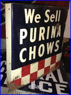 Vintage 1940s Purina Chows 2 Sided Flange Advertising Sign Farm animal feed OLD