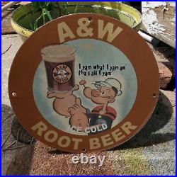 Vintage 1943 A&W Ice Cold Root Beer''Popeye'' Porcelain Gas & Oil Pump Sign