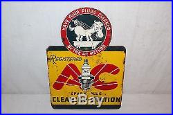 Vintage 1945 AC Spark Plugs Cleaning Station 2 Sided 15 Metal Flange Sign