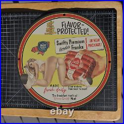 Vintage 1947 Frankfurt Swift's Premium Sausages Porcelain Gas & Oil Metal Sign