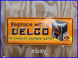Vintage 1948 Delco Porcelain Sign Battery Auto Parts Gas Oil Veribrite Car Man
