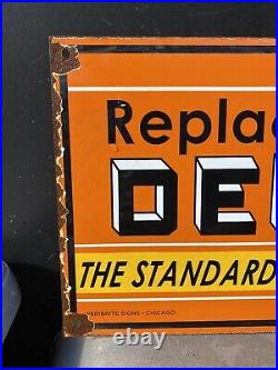 Vintage 1949 DELCO United Motors Porcelain Sign Veribrite Gas Oil BATTERY Auto