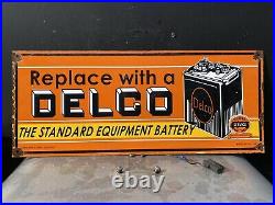 Vintage 1949 DELCO United Motors Porcelain Sign Veribrite Gas Oil BATTERY Auto