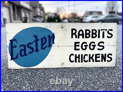 Vintage 1950's Easter Wooden Advertising Sign Rabbits Eggs Folk Art Aafa Chicken
