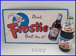 Vintage 1950's Embossed Metal Frostie Root Beer Gas Station Sign Plus Bonus
