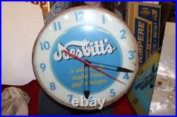 Vintage 1950's Nesbitt's Orange Soda Pop 15 Lighted Metal Pam Clock Sign WORKS