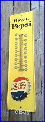 Vintage 1950's Original Pepsi Cola Soda Advertising Sign with Intact Thermometer