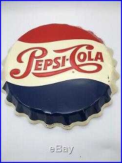 Vintage 1950s Pepsi Cola Soda Pop Bottle Cap Gas Station 19 Embossed Metal Sign