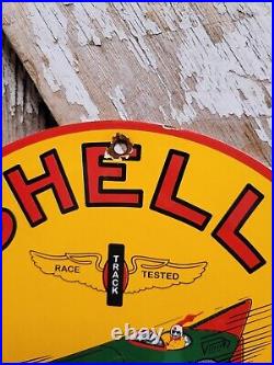Vintage 1952 Shell Porcelain Sign 10 Green Streak Race Car Gas Station Service