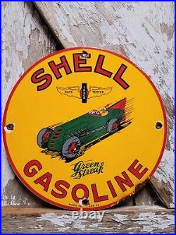 Vintage 1952 Shell Porcelain Sign 10 Green Streak Race Car Gas Station Service