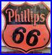 Vintage-1955-Phillips-66-Porcelain-Double-Sided-Sign-Orange-black-Shield-Shop-A-01-soy