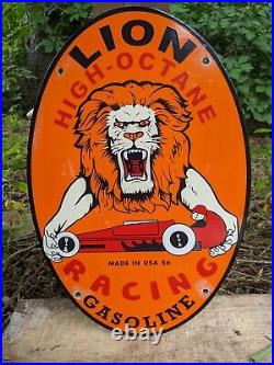 Vintage 1956 Lion High-octane Racing Gasoline Porcelain Gas Sign 16.5 X 11