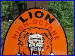 Vintage 1956 Lion High-octane Racing Gasoline Porcelain Gas Sign 16.5 X 11