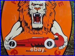 Vintage 1956 Lion High-octane Racing Gasoline Porcelain Gas Sign 16.5 X 11