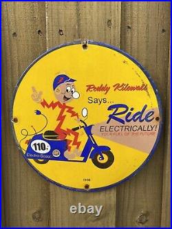 Vintage 1956 REDDY KILOWATT Porcelain Utility Electric Gas Oil Garage RARE Sign