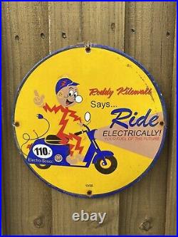 Vintage 1956 REDDY KILOWATT Porcelain Utility Electric Gas Oil Garage RARE Sign