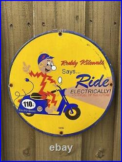 Vintage 1956 REDDY KILOWATT Porcelain Utility Electric Gas Oil Garage RARE Sign