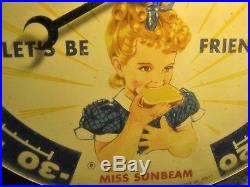 Vintage 1957 USA Sunbeam Bread Girl Art Advertising Thermometer Sign Pam Clock
