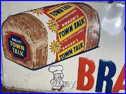 Vintage 1960 Braun's Town Talk Bread Gas Oil 33 Embossed Metal Advertising Sign