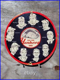 Vintage 1960 New York Yankees Porcelain Sign Bronx Baseball Sports Ruth Gas Oil