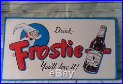 Vintage 1960's Frostie Root Beer Soda Pop Gas Station 17 Embossed Metal Sign