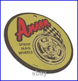 Vintage 1962 Ansen Sprint Mag Wheels Porcelain Enamel Gas & Oil Garage Sign