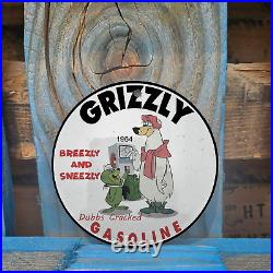 Vintage 1964 Grizzly Gasoline Breezly & Sneezly Porcelain Gas Oil 4.5 Sign