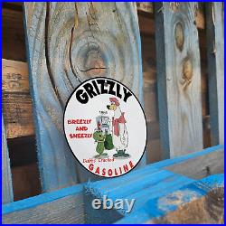 Vintage 1964 Grizzly Gasoline Breezly & Sneezly Porcelain Gas Oil 4.5 Sign