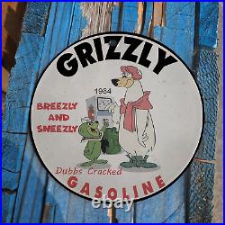 Vintage 1964 Grizzly Gasoline Breezly & Sneezly Porcelain Gas Oil 4.5 Sign