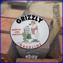 Vintage 1964 Grizzly Gasoline Breezly & Sneezly Porcelain Gas Oil 4.5 Sign