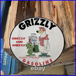 Vintage 1964 Grizzly Gasoline Breezly & Sneezly Porcelain Gas Oil 4.5 Sign