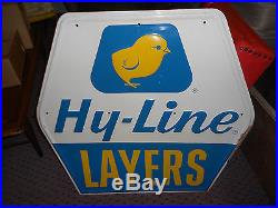Vintage 1964 Hy-Line Layers Poultry Feed Metal Die Cut Embossed Sign