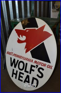 Vintage 1970's Wolfs Head Oil Advertising Sign Flange Gas Station Original Clean