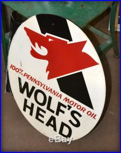 Vintage 1970's Wolfs Head Oil Advertising Sign Flange Gas Station Original Clean