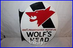 Vintage 1971 Wolf's Head Motor Oil Gas Station 2 Sided 22 Metal Flange Sign