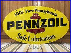 Vintage 1972 Pennzoil Double Sided Metal Oval Sign A M 1-72 31 X 18 Gas Oil 1