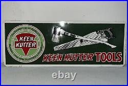 Vintage 1980's Keen Kutter TOOLS Metal Embossed Sign With Axe And Hand Saw